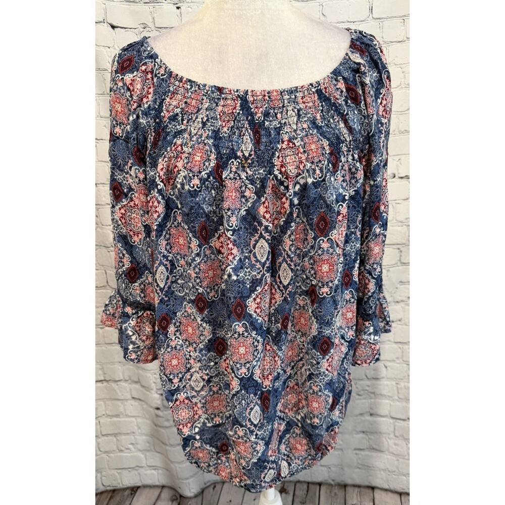 Westport Blue and Red off-the-shoulder boho peasant blouse Top Plus Size 1X